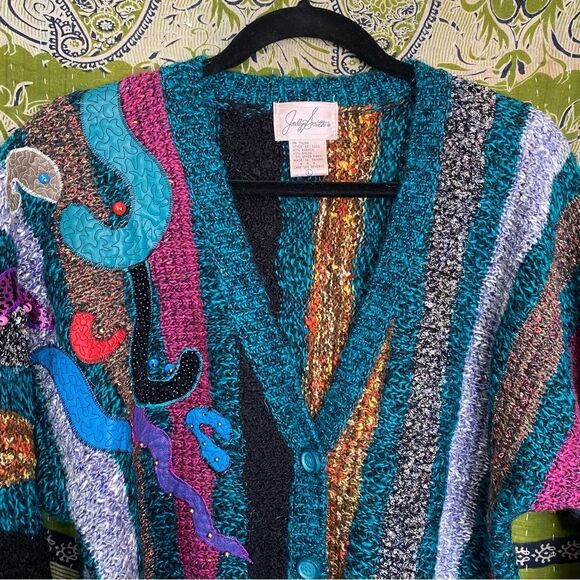 Unique Vintage Jaclyn Smith Embroidered Patchwork Teal Sweater Size Large - Picture 2 of 12